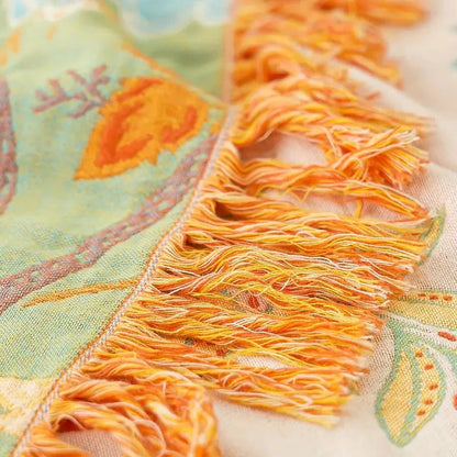 Cotton Throw Blanket with Floral Boho Print and Fringe Edges, Breathable Machine Washable