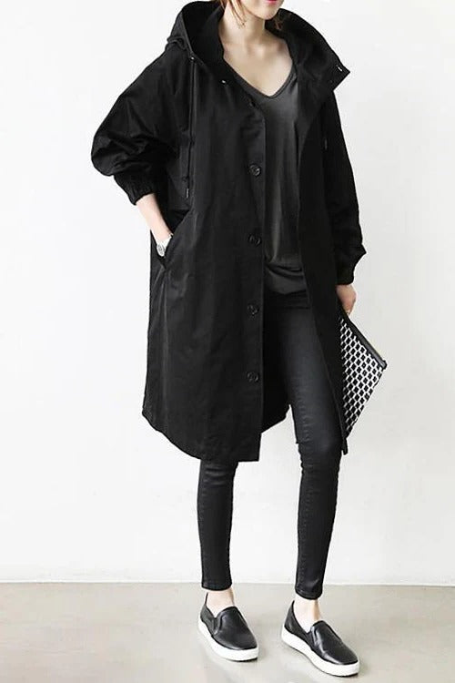 Trench Coat Hooded Waterproof Long Raincoat With Adjustable Waist Belt