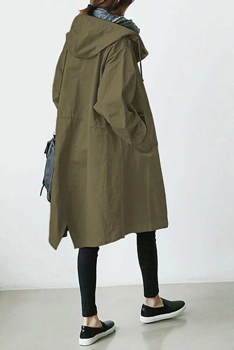 Trench Coat Hooded Waterproof Long Raincoat With Adjustable Waist Belt