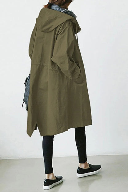 Trench Coat Hooded Waterproof Long Raincoat With Adjustable Waist Belt
