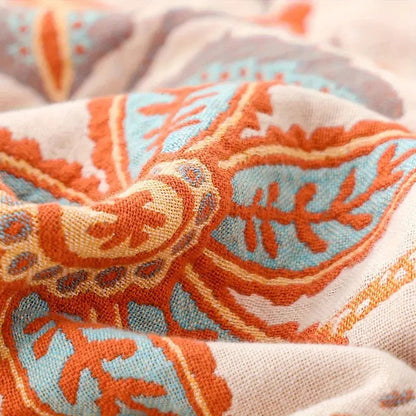 Cotton Throw Blanket with Floral Boho Print and Fringe Edges, Breathable Machine Washable