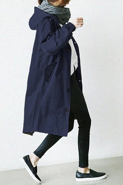Trench Coat Hooded Waterproof Long Raincoat With Adjustable Waist Belt