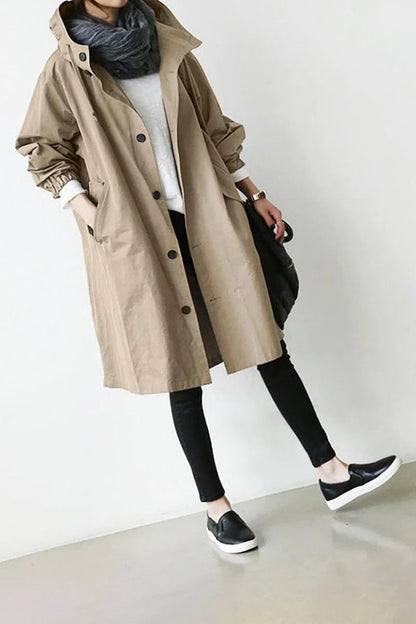 Trench Coat Hooded Waterproof Long Raincoat With Adjustable Waist Belt