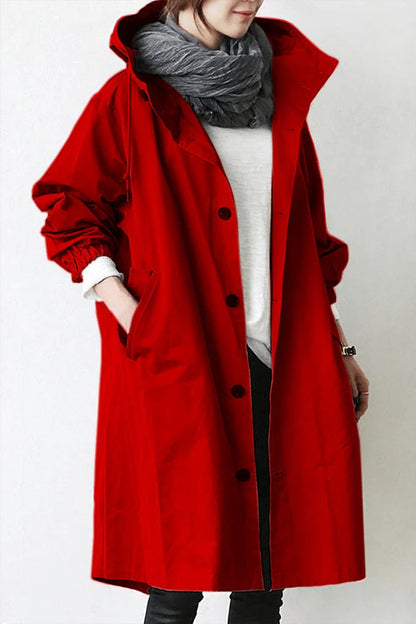 Trench Coat Hooded Waterproof Long Raincoat With Adjustable Waist Belt