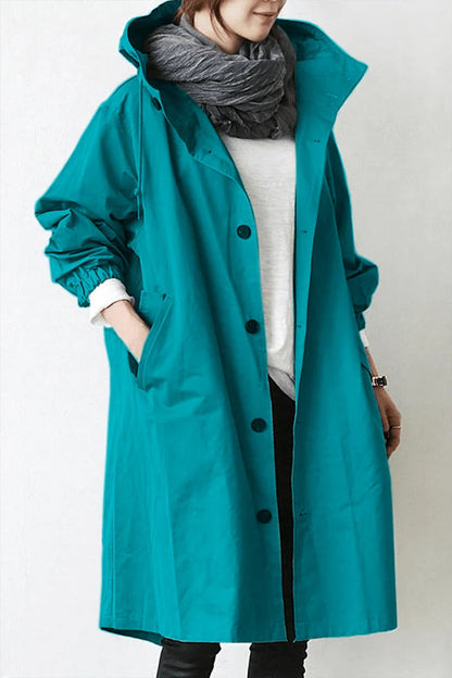 Trench Coat Hooded Waterproof Long Raincoat With Adjustable Waist Belt