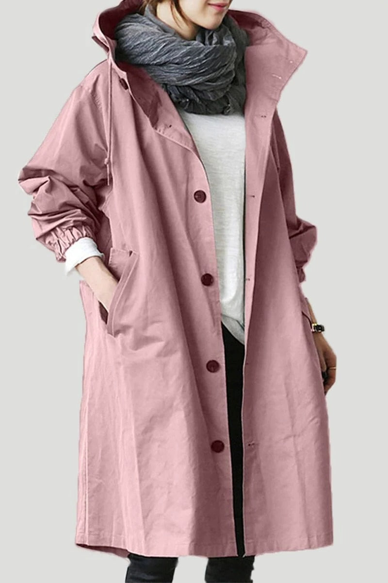 Trench Coat Hooded Waterproof Long Raincoat With Adjustable Waist Belt