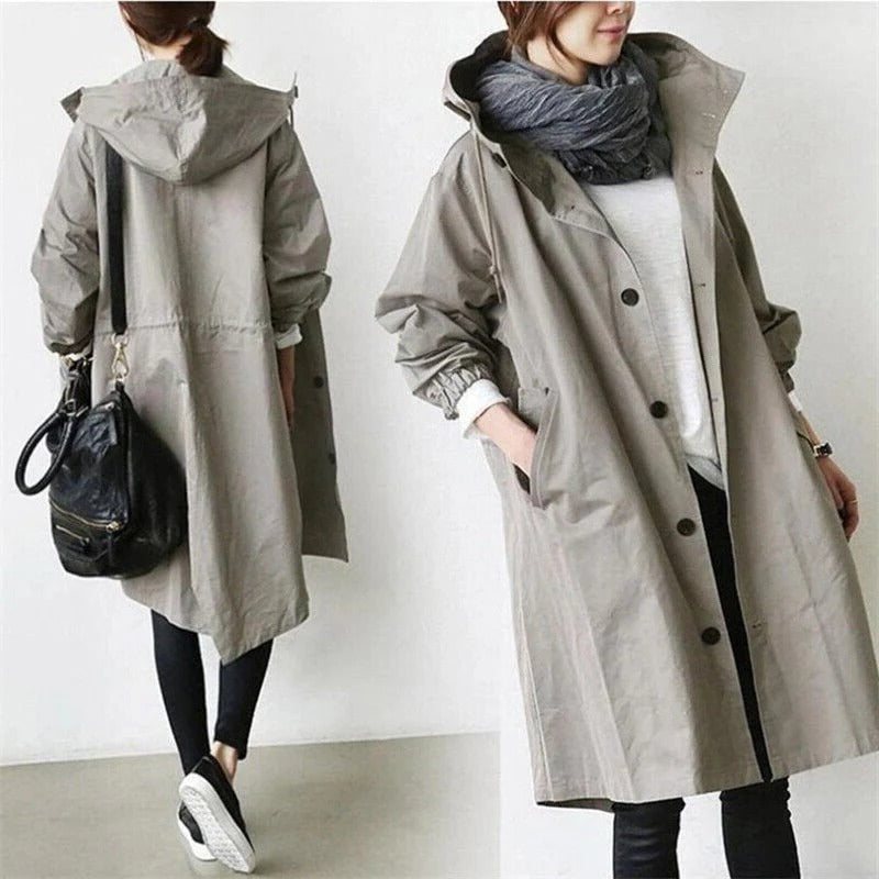 Trench Coat Hooded Waterproof Long Raincoat With Adjustable Waist Belt