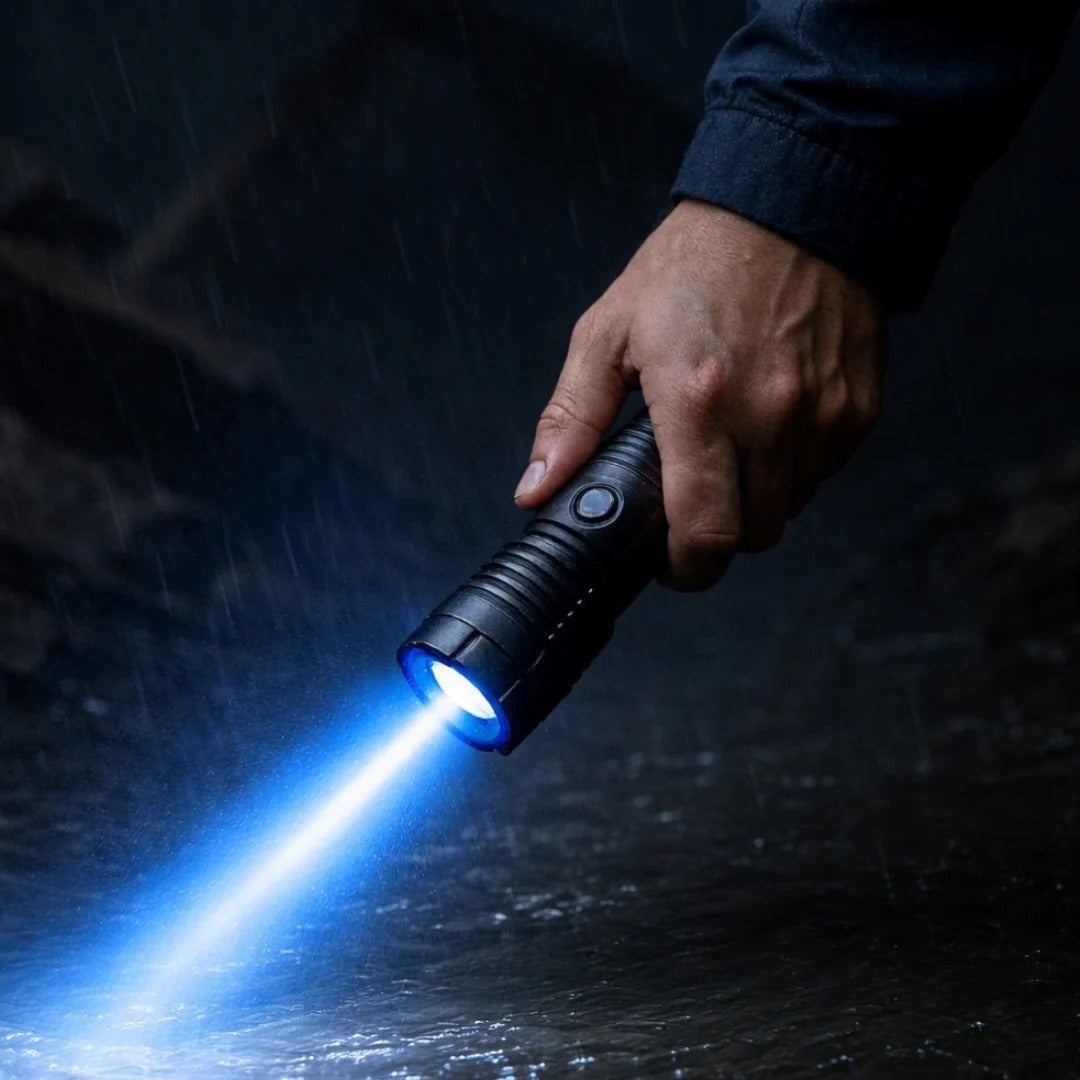 Laser Flashlight with Blue Beam and Adjustable Focus, Rechargeable Aluminum Body