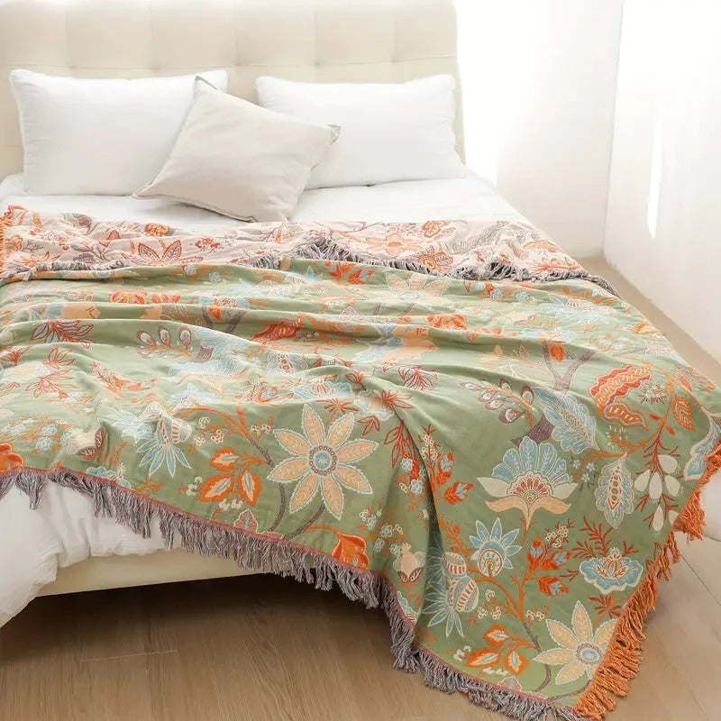 Cotton Throw Blanket with Floral Boho Print and Fringe Edges, Breathable Machine Washable