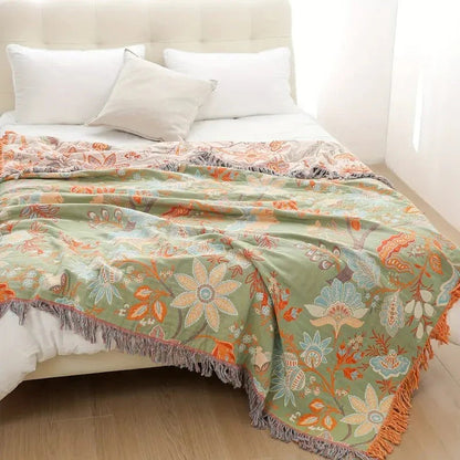 Cotton Throw Blanket with Floral Boho Print and Fringe Edges, Breathable Machine Washable