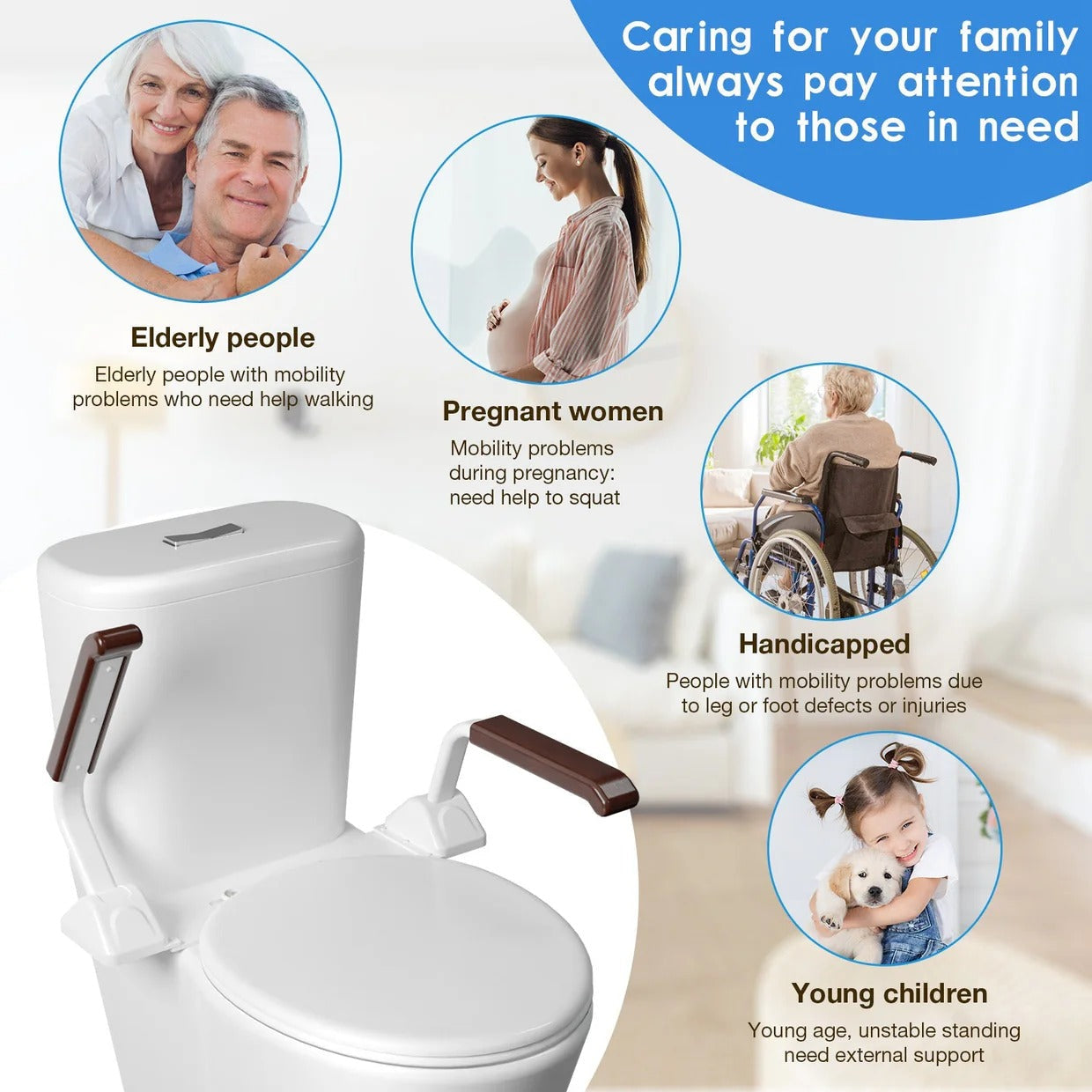 Bathroom Safety Rail with Adjustable Tilt Armrests and Solid Wood Handles, 520 lb Capacity