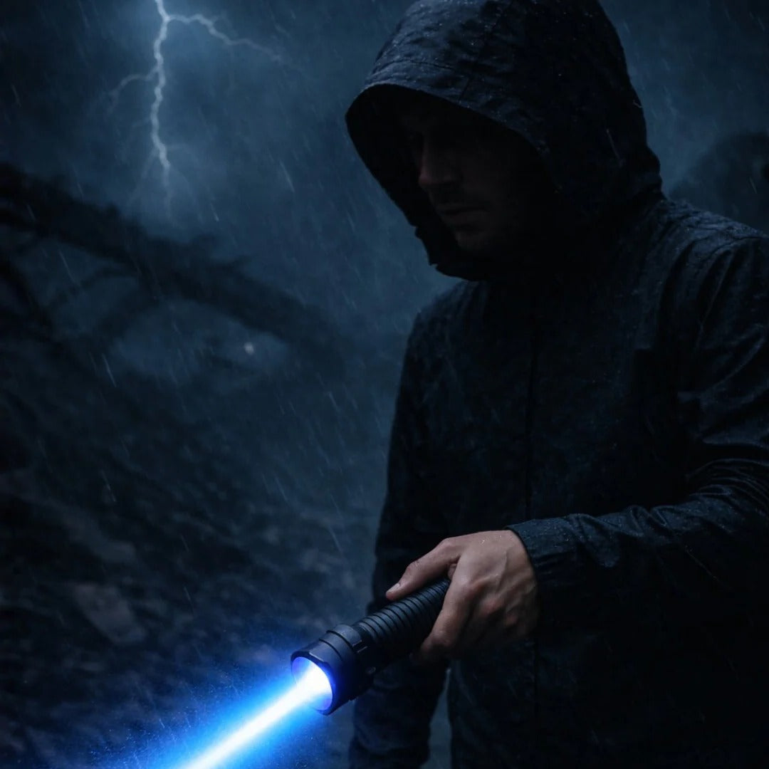Laser Flashlight with Blue Beam and Adjustable Focus, Rechargeable Aluminum Body