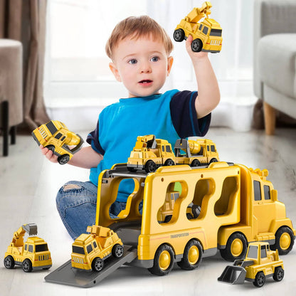 Construction Truck Set with Carrier Trailer and Friction Mini Vehicles, Lights for Ages 3+