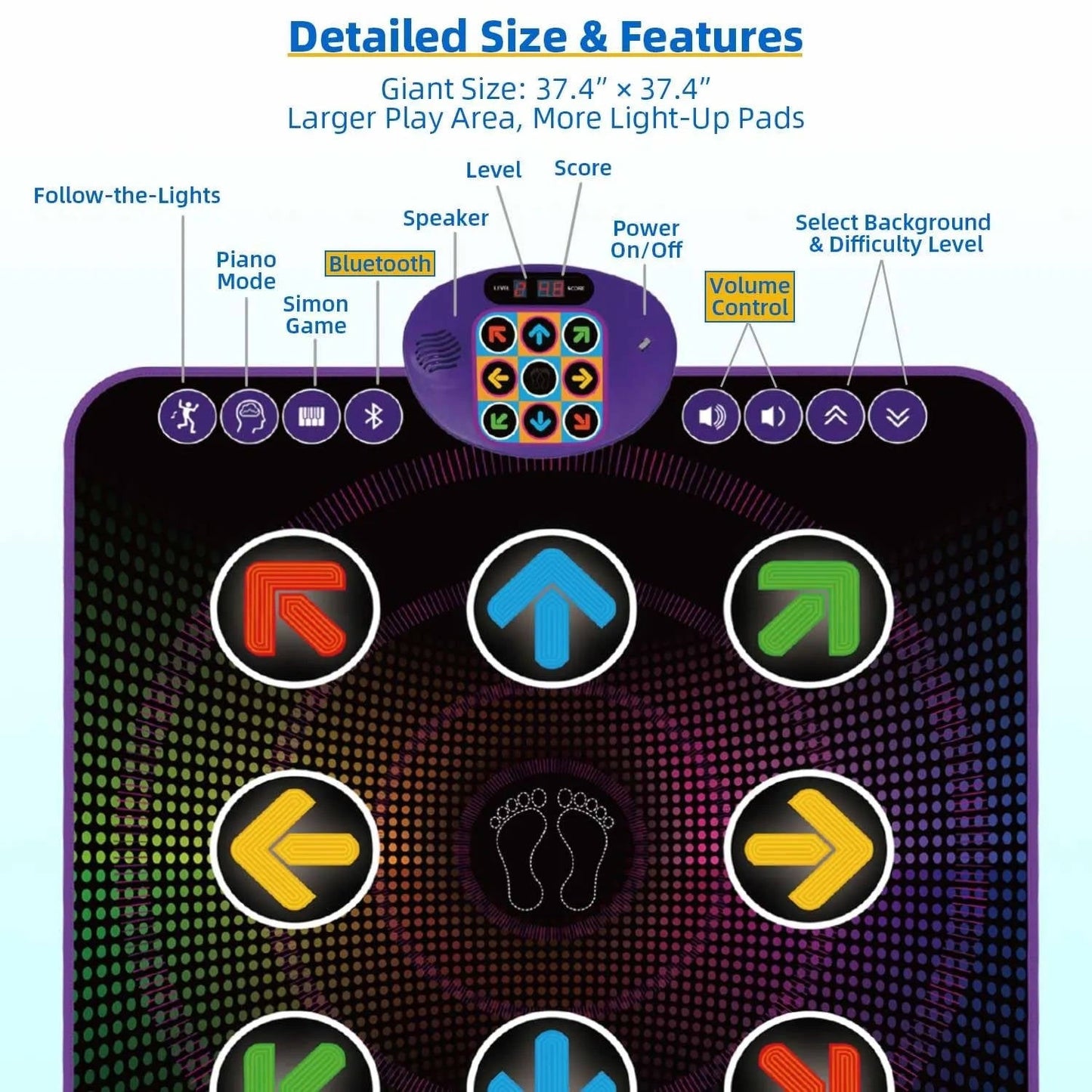 Kids Dance Mat with Light-Up Touch Pads and Bluetooth Music for Ages 3 to 12