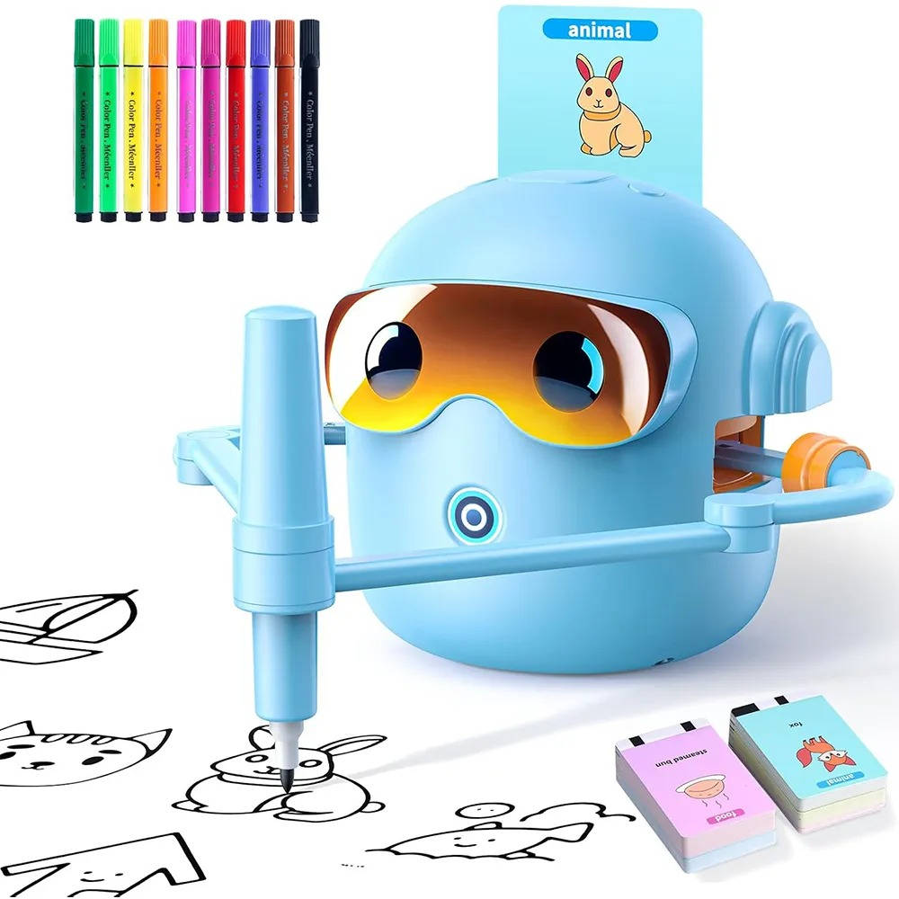 Drawing Robot for Kids with 100 Cards and 16 Washable Markers, Rechargeable STEM Toy