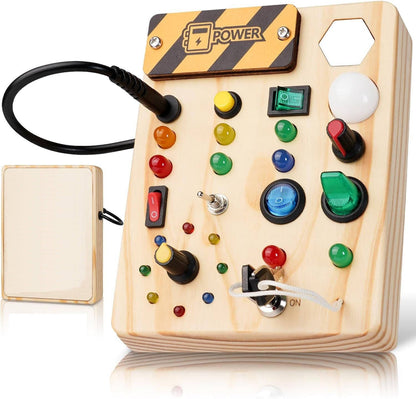 Busy Board for Toddlers with LED Lights and Multiple Switches, Portable Wooden Sensory Toy
