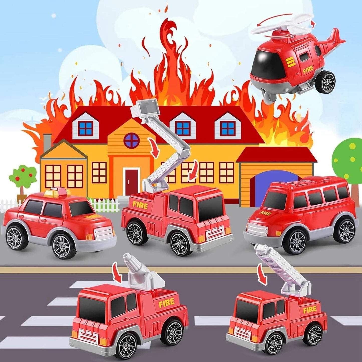 Fire Truck Toy Set with Siren Sounds and Pull-Back Vehicles, Nesting Carrier for Toddlers