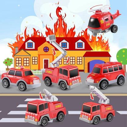 Fire Truck Toy Set with Siren Sounds and Pull-Back Vehicles, Nesting Carrier for Toddlers