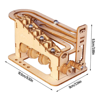 Marble Puzzle with Hand Crank and Gear-Driven Motion, Wooden Rebuildable Desk Sculpture