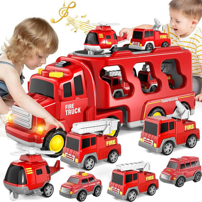 Fire Truck Toy Set with Siren Sounds and Pull-Back Vehicles, Nesting Carrier for Toddlers