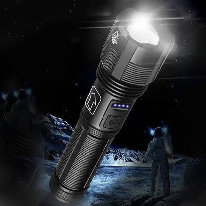 LED Flashlight with 4000 Lumen Output and Adjustable Zoom Beam, Rechargeable USB Port