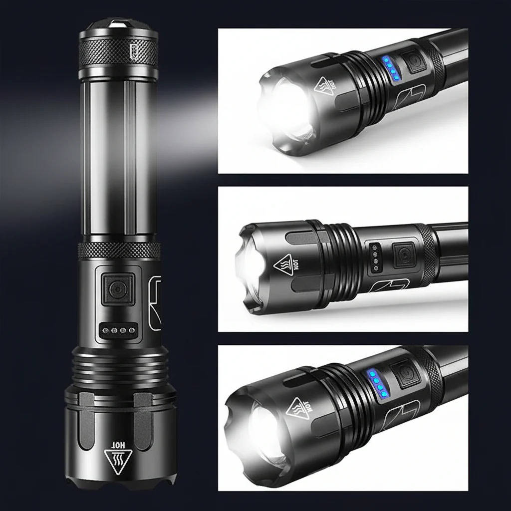 LED Flashlight with 4000 Lumen Output and Adjustable Zoom Beam, Rechargeable USB Port