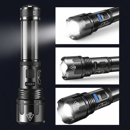 LED Flashlight with 4000 Lumen Output and Adjustable Zoom Beam, Rechargeable USB Port
