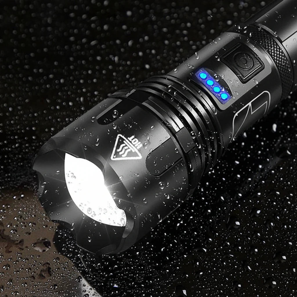 LED Flashlight with 4000 Lumen Output and Adjustable Zoom Beam, Rechargeable USB Port