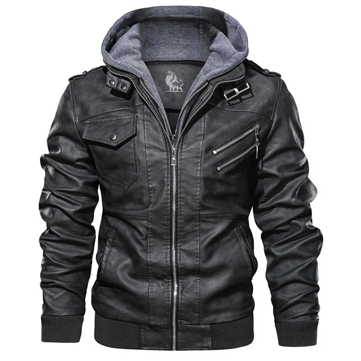 Men's Faux Leather Jacket with Detachable Hood