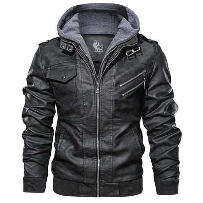 Men's Faux Leather Jacket with Detachable Hood