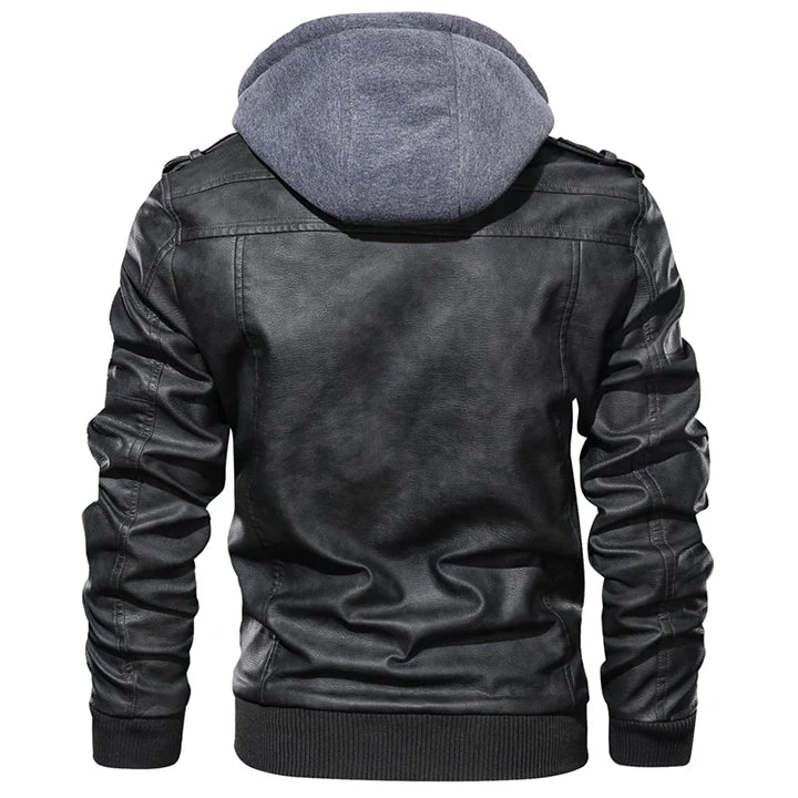 Men's Faux Leather Jacket with Detachable Hood