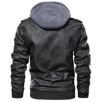 Men's Faux Leather Jacket with Detachable Hood