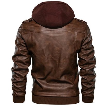 Men's Faux Leather Jacket with Detachable Hood