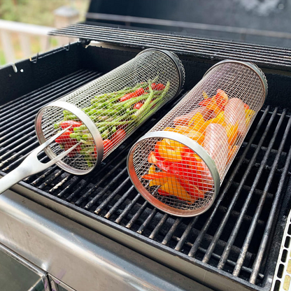 BBQ Grill Basket Stainless Steel Rolling For Fish And Vegetables