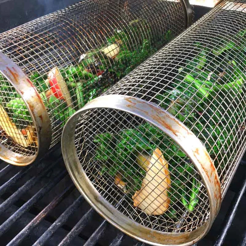 BBQ Grill Basket Stainless Steel Rolling For Fish And Vegetables