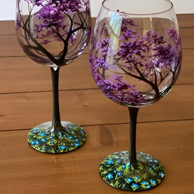 Wine Glasses Four Seasons Tree Hand-Painted Art Glassware Set