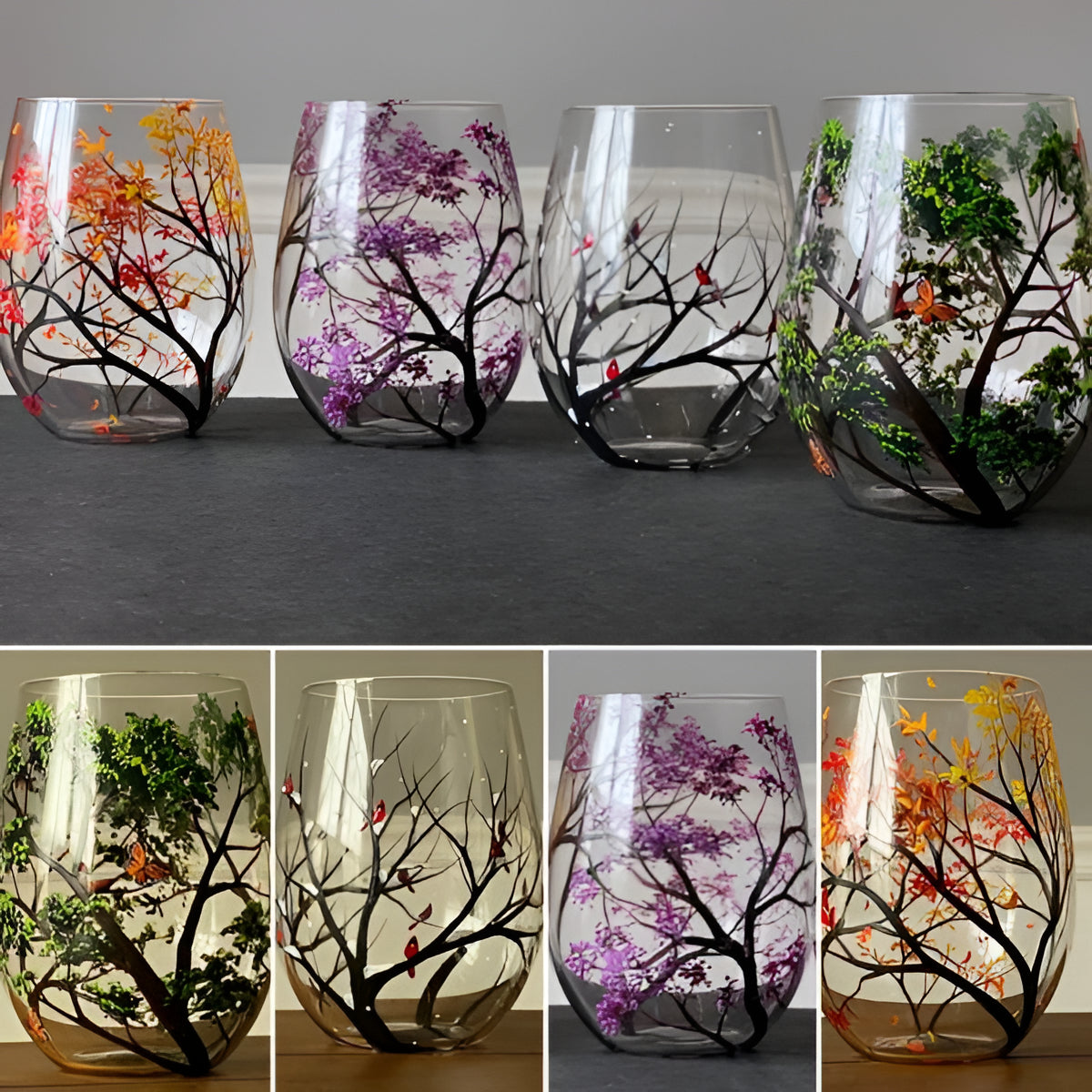 Wine Glasses Four Seasons Tree Hand-Painted Art Glassware Set