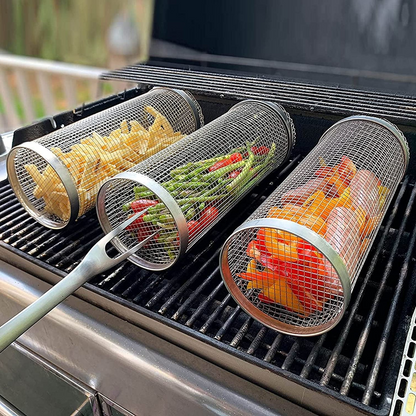 BBQ Grill Basket Stainless Steel Rolling For Fish And Vegetables