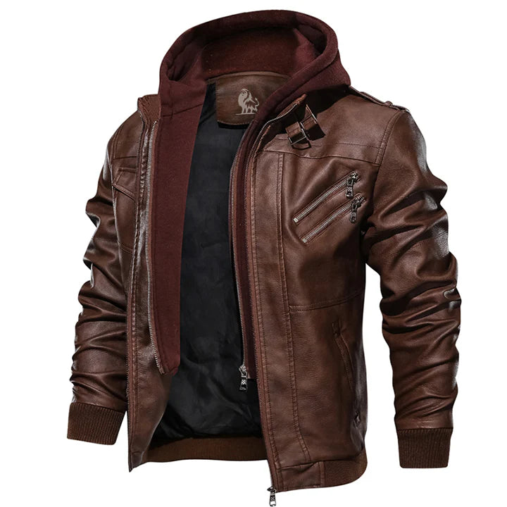 Men's Faux Leather Jacket with Detachable Hood