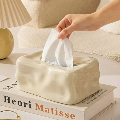 Wavy Sculptural Tissue Box Cover | Modern Melting Ceramic Decor