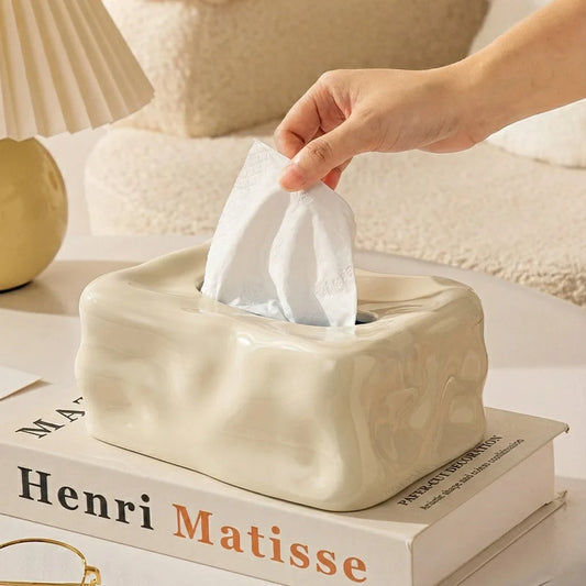Wavy Sculptural Tissue Box Cover | Modern Melting Ceramic Decor