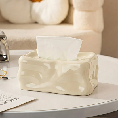 Wavy Sculptural Tissue Box Cover | Modern Melting Ceramic Decor